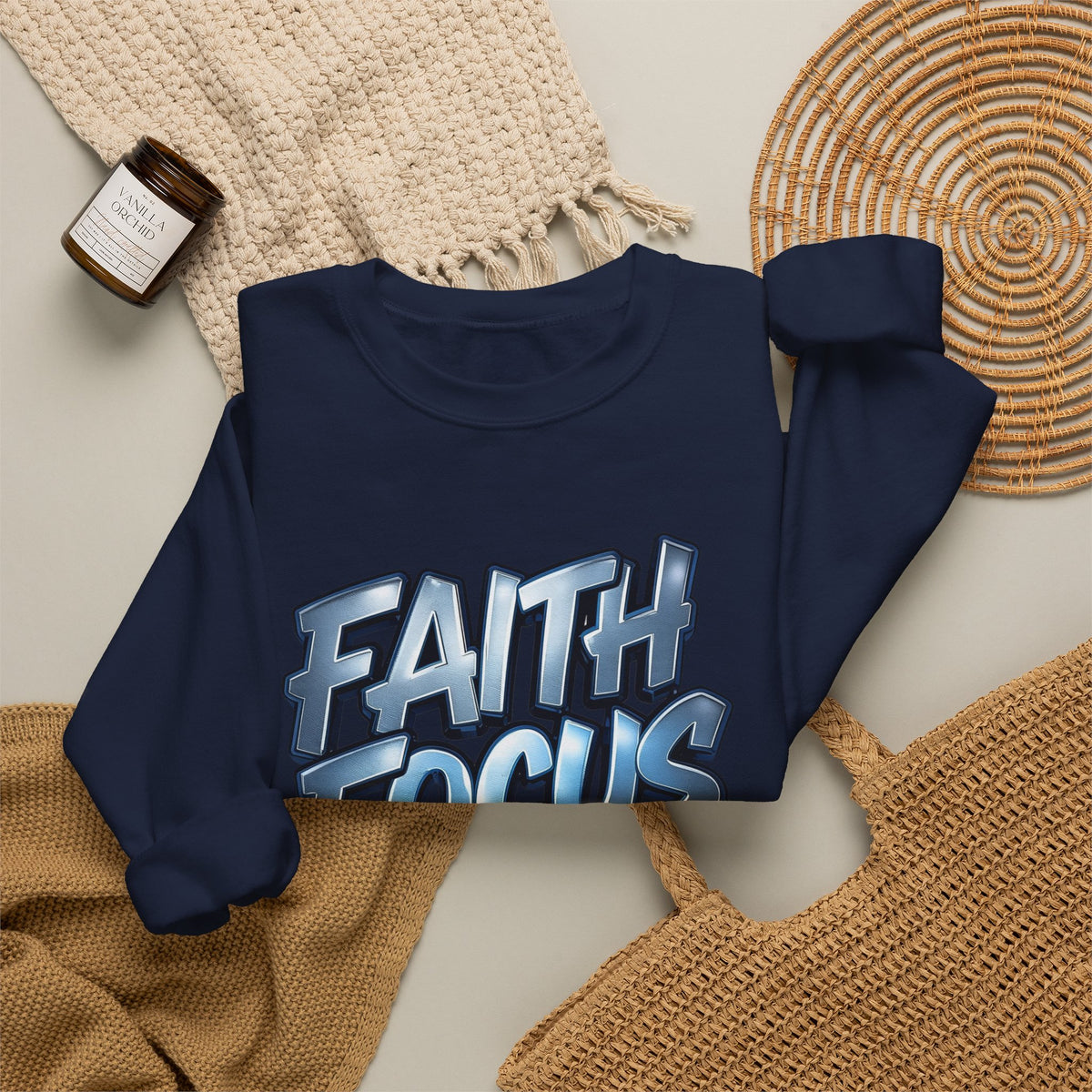 Crewneck Sweatshirt — "Faith Focus Action" Inspirational Graphic