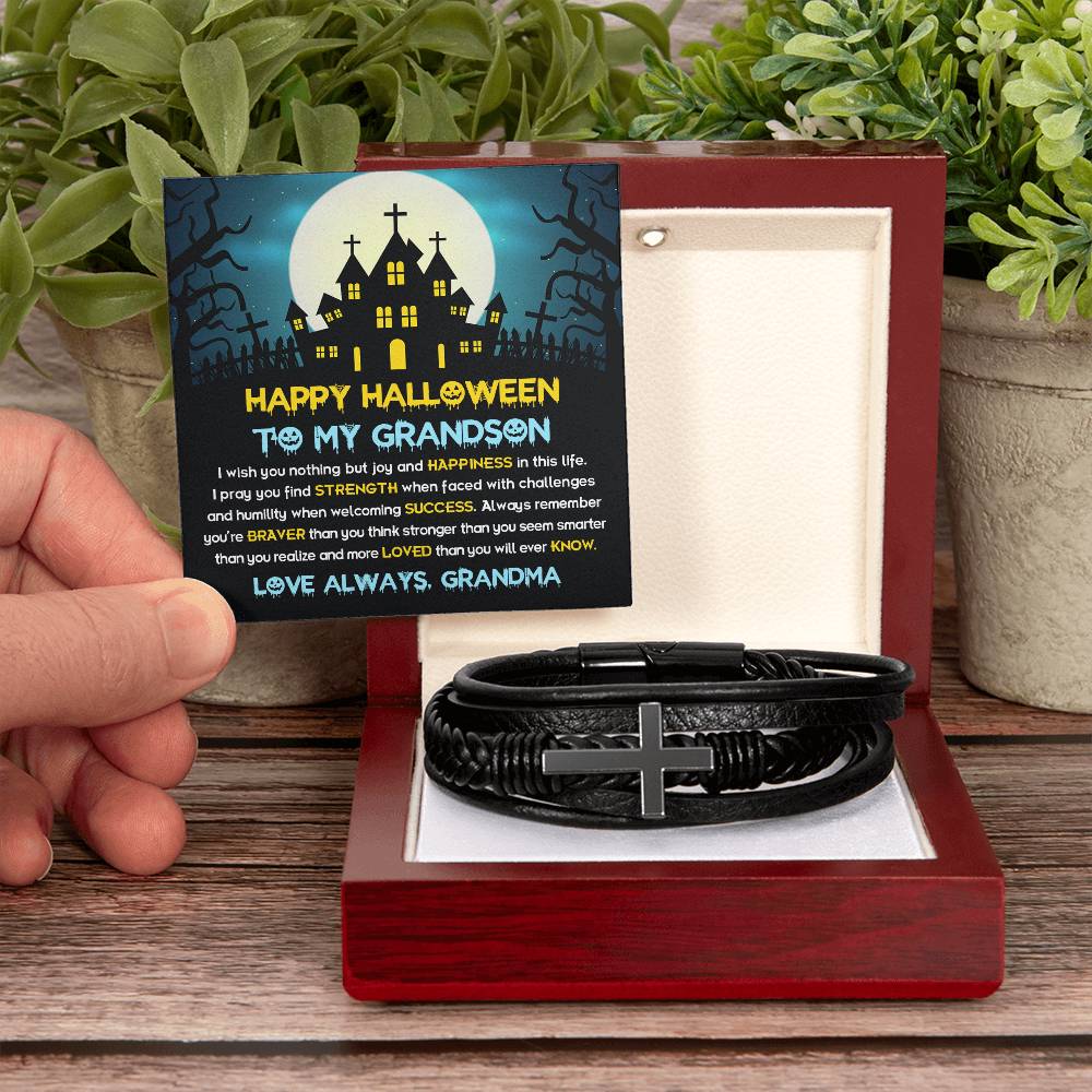 To My Grandson - Best Halloween Gift - Men's Cross Bracelet