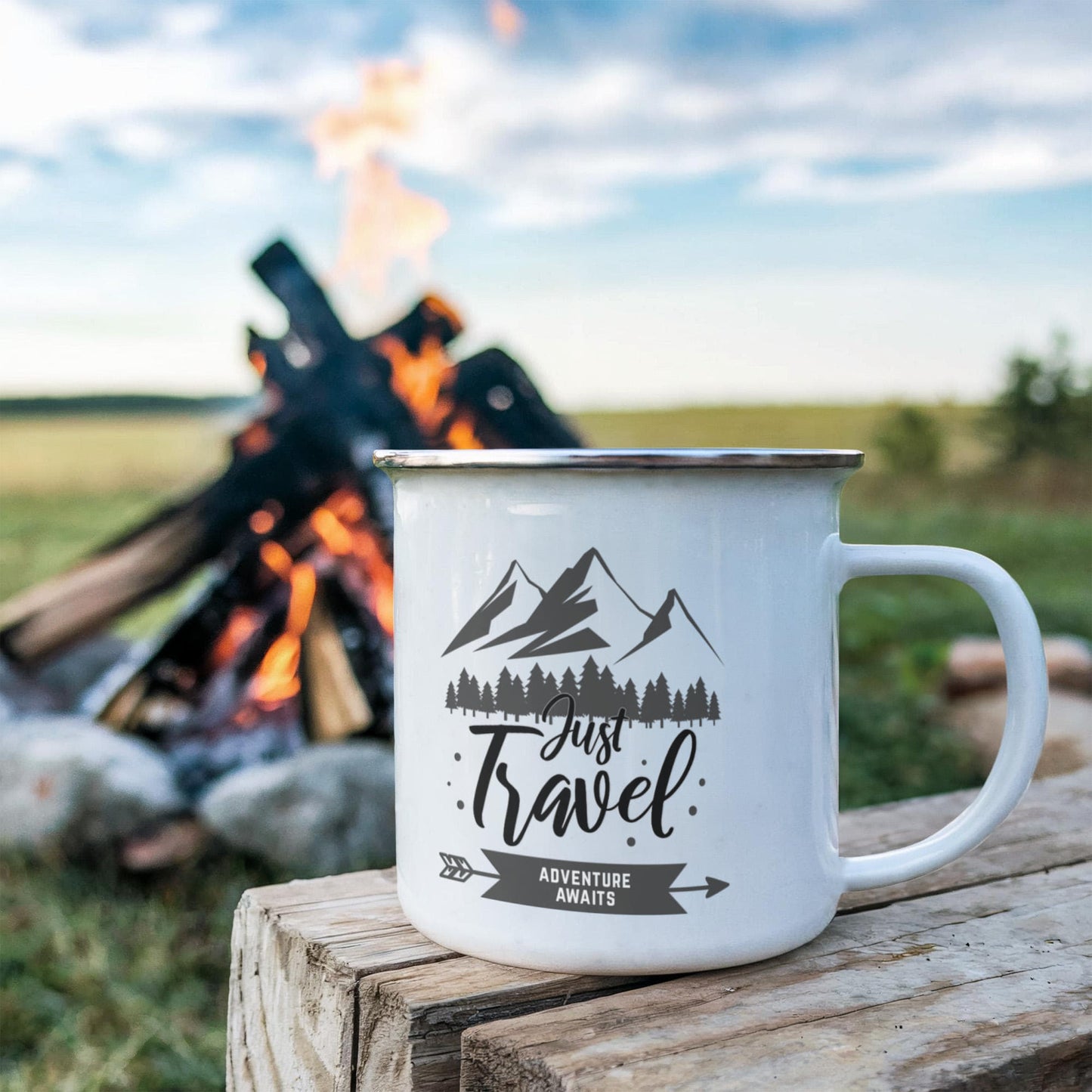 Just Travel Adventure Awaits - 12oz Enamel Camping Mug