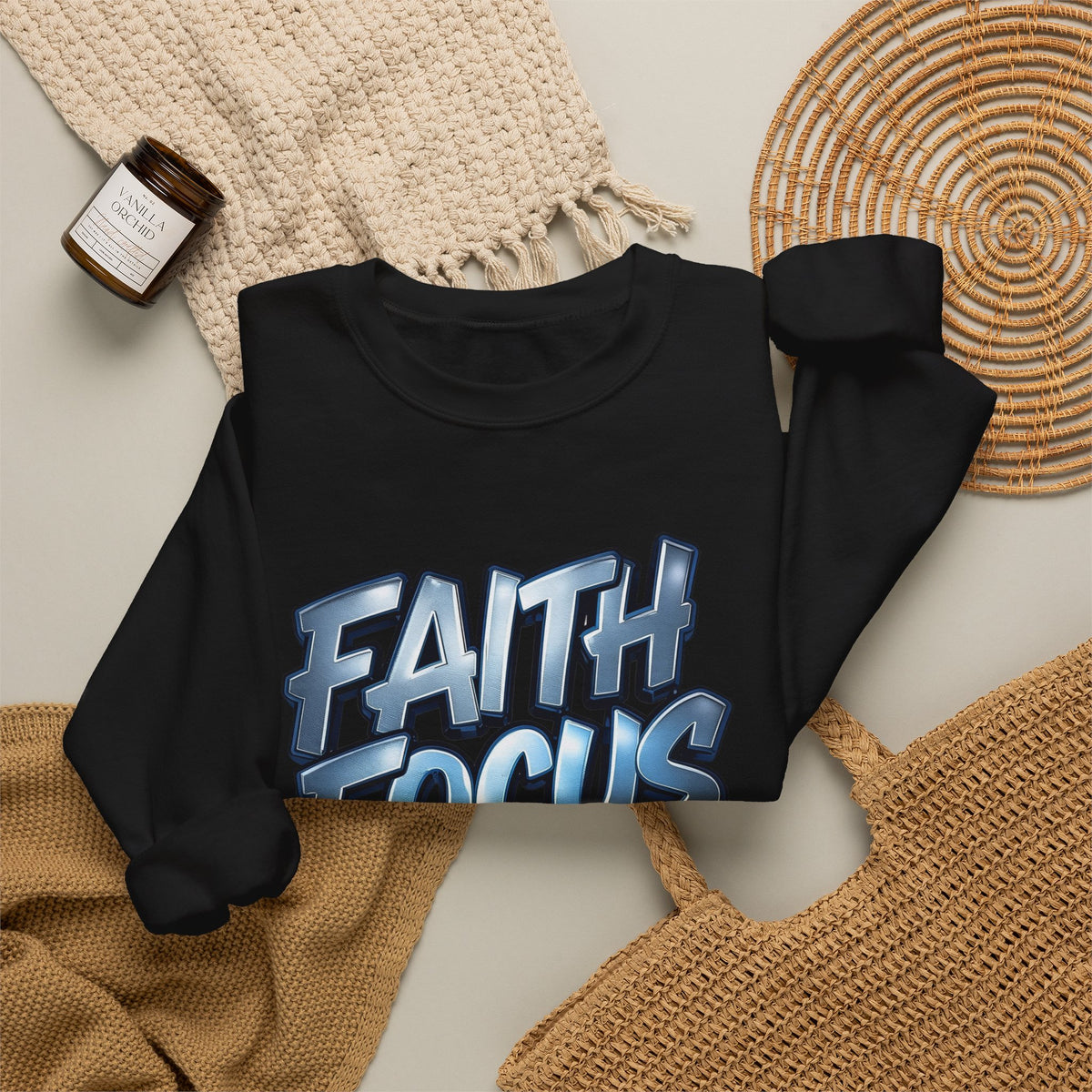 Crewneck Sweatshirt — "Faith Focus Action" Inspirational Graphic