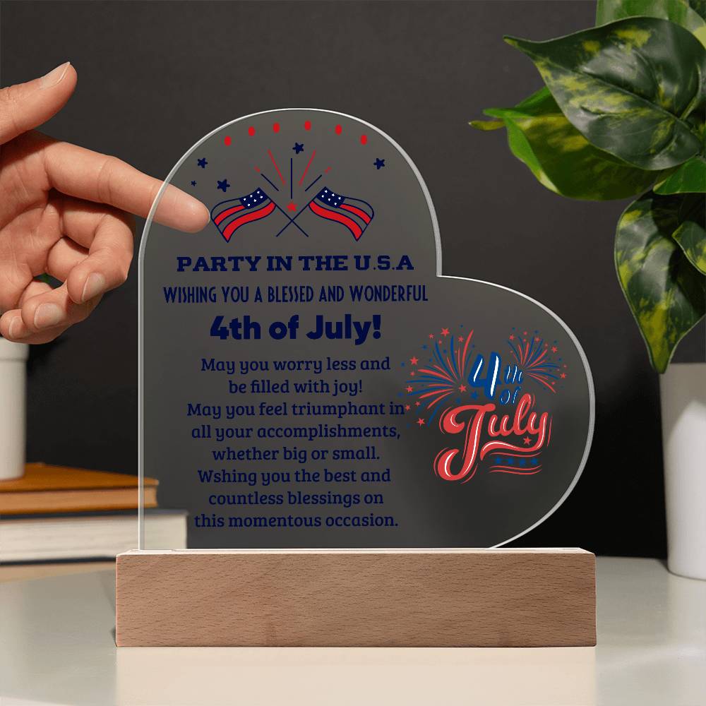 4th of July - Acrylic Heart Plaque - USA Independence Day